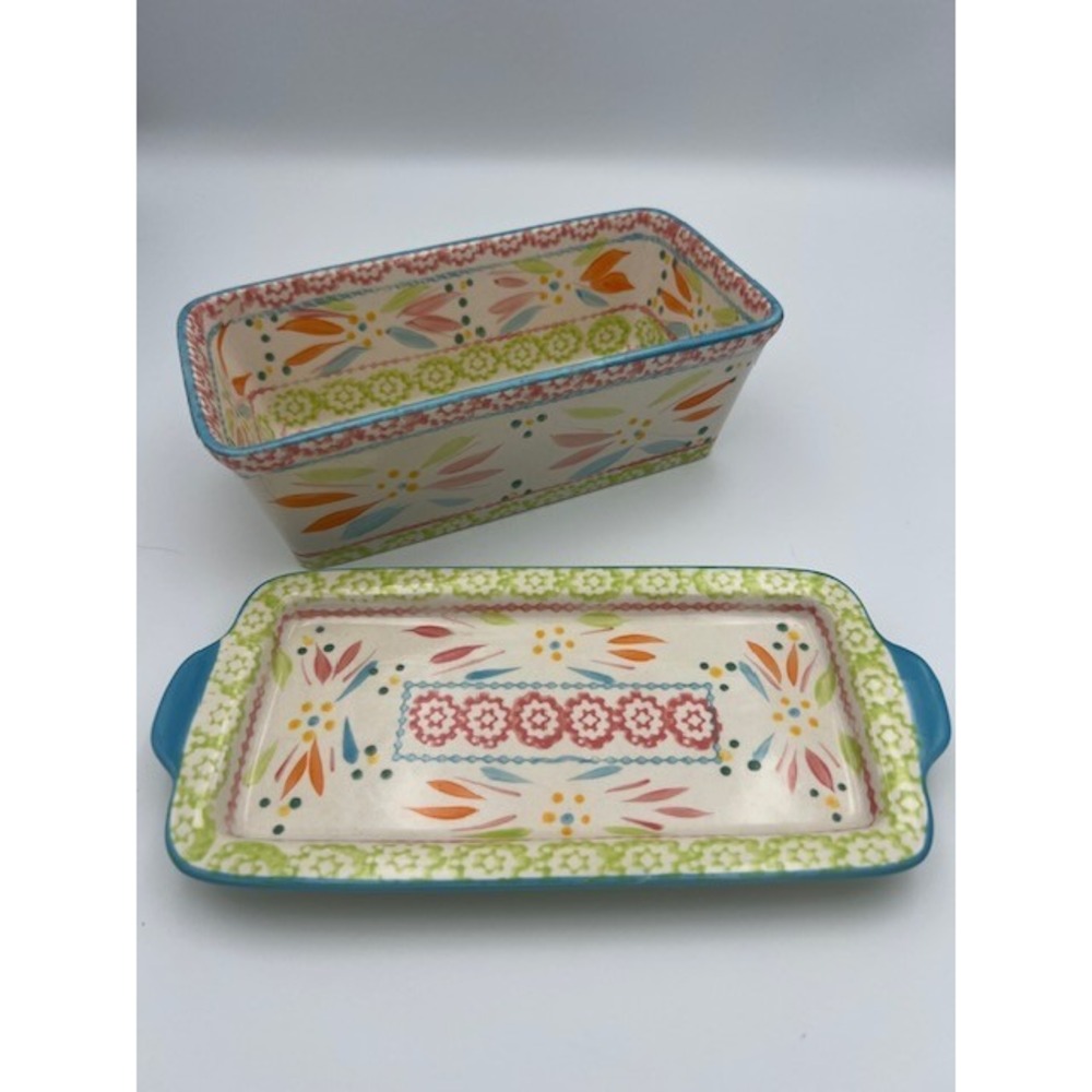 Temp-tations Old World Ceramic Loaf Pan and Tray Set Floral Teal 1QT